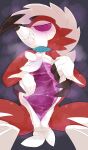  2023 absurd_res ambiguous_gender anthro bodily_fluids chest_tuft claws collar fangs generation_7_pokemon glowing glowing_eyes grin head_tuft hi_res inviting living_costume looking_at_viewer lycanroc membrane_(anatomy) midnight_lycanroc narrowed_eyes nintendo pokemon pokemon_(species) red_body red_eyes simple_background sitting slime smile solo tail tail_tuft teeth tuft unusual_bodily_fluids white_body winte 