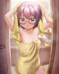  1girl 2_ru arms_behind_head arms_up bathroom blurry blurry_background blush breasts collarbone drying drying_hair glasses grey-framed_eyewear hidamari_sketch highres holding holding_towel indoors looking_at_viewer medium_breasts naked_towel navel open_mouth purple_eyes purple_hair rubber_duck sae_(hidamari_sketch) semi-rimless_eyewear short_hair solo towel under-rim_eyewear 