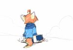  ambiguous_gender anthro blue_bottomwear blue_clothing blue_hoodie blue_pants blue_topwear bottomwear clothed clothing dragon fur furred_dragon hair hi_res hoodie kutto kuttoyaki male_(lore) obscured_eyes orange_hair orange_tail pants rear_view simple_background sitting solo tail topwear white_body white_fur yellow_body yellow_fur yellow_tail 