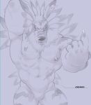  abs anthro bandai_namco beckoning digimon digimon_(species) e-w01f ear_piercing ear_ring featureless_crotch fur gesture hi_res male muscular muscular_anthro muscular_male navel nipples nude pecs piercing raised_arm ring_piercing solo striped_body striped_fur stripes weregarurumon 