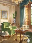  artist_logo book candle candlestand chair cup curtains cushion indoors napoleon_crossing_the_alps no_humans open_book original painting_(object) plant scenery table teacup teapot vase window xingzhi_lv 