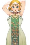  1girl armpits arms_up blonde_hair blush braid circlet crown_braid dress earrings english_commentary esencey green_eyes grey_dress highres jewelry looking_at_viewer necklace official_alternate_costume open_mouth parted_bangs pelvic_curtain pointy_ears princess_zelda short_hair solo strapless strapless_dress the_legend_of_zelda the_legend_of_zelda:_tears_of_the_kingdom white_background 