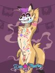  anthro black_nose blue_text bodypaint border canid canine canis coyote day_of_the_dead detailed_background fur genitals hair hand_behind_head humanoid_genitalia humanoid_penis male mammal navel nude open_mouth orange_body orange_fur penis pink_penis purple_background purple_border purple_hair purple_text rthur simple_background smile solo tan_body tan_fur teeth_showing text yellow_eyes 