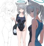  1girl adjusting_hair animal_ear_fluff animal_ears bag blue_archive blue_eyes breasts closed_eyes competition_swimsuit cross_hair_ornament grey_hair hair_ornament hair_tie_in_mouth halo highres hood_(james_x) medium_breasts mouth_hold multiple_views one-piece_swimsuit one_eye_closed ponytail shiroko_(blue_archive) shiroko_(swimsuit)_(blue_archive) simple_background swimsuit white_background 