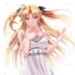  1girl bare_shoulders blonde_hair blush breasts closed_mouth dress fate_testarossa hair_ribbon highres large_breasts long_hair looking_at_viewer lyrical_nanoha mahou_shoujo_lyrical_nanoha_strikers petals red_eyes ribbon simple_background smile solo sougetsu_izuki upper_body white_dress 