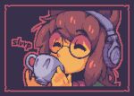  1girl animal_ears artist_request brown_hair closed_eyes colored_skin cup drinking english_text framed game_screenshot glasses headphones holding holding_cup lewd_leaf_land molly_(lewd_leaf_land) non-web_source outline pixel_art raccoon_ears red_outline round_eyewear simple_background teacup upper_body yellow_skin 