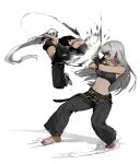  barefoot black_pants bracer breasts flying_kick full_body gogalking grey_hair highres kicking long_hair midriff motion_lines navel pants shadow simple_background standing very_long_hair white_background white_hair yellow_eyes 