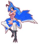  1girl absurdres animal_ears bare_shoulders bird_legs bird_tail blue_feathers blue_hair blue_wings breasts covered_navel covered_nipples fake_animal_ears feathers harpy highres leotard medium_breasts monster_girl original pink_leotard playboy_bunny simple_background solo spiked_hair tail tail_feathers white_background white_feathers wings wolffsteel yellow_eyes 