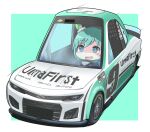  absurdres aqua_background aqua_hair black_gloves blue_eyes blush car chevrolet chevrolet_camaro chibi driving ear_covers gloves highres horse_girl looking_ahead motor_vehicle nascar open_mouth race_vehicle racecar sakusan_(ss-awesome) seiun_sky_(umamusume) short_hair smile umamusume vehicle_focus 