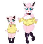  anthro big_breasts blue_eyes breasts clothed clothing collar duo female footwear generation_1_pokemon green_eyes hair happy hi_res huge_breasts jigglypuff nintendo pink_body pink_hair pokeball pokemon pokemon_(species) shoes simple_background sweater topwear urusee584 white_background wigglytuff 