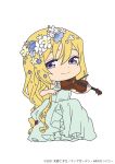  1girl alicia_florence aria blonde_hair blue_flower chibi closed_mouth copyright copyright_name dated dress eyelashes flower full_body green_dress hair_flower hair_ornament hands_up highres holding instrument long_hair music official_alternate_costume official_art playing_instrument purple_eyes simple_background smile solo viola_(instrument) white_background white_flower yellow_flower 