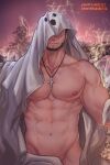  1boy abs aura avenger_(dungeon_and_fighter) bara bare_pectorals beard cloak cowboy_shot cross cross_necklace dungeon_and_fighter facial_hair ghost_costume ghost_print groin halloween_costume highres jewelry kulolin large_pectorals looking_at_viewer male_focus male_priest_(dungeon_and_fighter) male_pubic_hair mature_male muscular muscular_male naked_cloak navel necklace nipples pectorals priest_(dungeon_and_fighter) pubic_hair pubic_hair_peek red_eyes seductive_smile short_hair smile smirk solo stomach undressing 