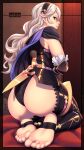  1girl armor armpit_crease ass black_hairband black_panties cape corrin_(female)_(fire_emblem) corrin_(fire_emblem) eyelashes feet fire_emblem fire_emblem_fates foot_focus foreshortening from_behind gold_trim grey_hair hair_between_eyes hairband highres indoors lips long_hair looking_at_viewer no_shoes official_alternate_costume panties purple_cape red_eyes seios seiza shadow sidelocks sitting soles solo stirrup_legwear toeless_legwear toes underwear 