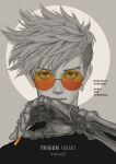  1boy character_name closed_mouth earrings glasses highres holding jewelry light_smile looking_at_viewer male_focus mole mole_under_eye monochrome orange-tinted_eyewear portrait prosthesis prosthetic_arm short_hair single_earring solo spiked_hair spot_color straight-on swept_bangs tinted_eyewear trigun trigun_stampede twitter_username undercut utenalt vash_the_stampede 