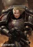  1boy absurdres adrian4rt armor artist_name blonde_hair blood blood_angels blood_on_armor blood_splatter blue_eyes bolter breastplate closed_mouth commentary commission couter crotch_plate cuirass english_commentary gauntlets grey_armor gun highres holding holding_gun holding_weapon leg_armor looking_to_the_side male_focus medium_hair outdoors pauldrons pelvic_curtain power_armor rerebrace shoulder_armor smoke solo straight-on warhammer_40k weapon 
