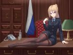  1girl alcohol black_pantyhose blonde_hair blue_jacket blue_necktie blue_shirt blue_skirt cup desk drinking_glass feet huihuang_rongyao jacket looking_at_viewer necktie on_desk original pantyhose police police_uniform policewoman ponytail russian_flag shirt shot_glass sitting sitting_on_desk skirt solo uniform vodka 