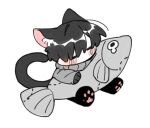  1boy animal animal_ears animal_hands black_hair blush cat_boy cat_ears cat_paws cat_tail chibi closed_eyes commentary_request ex_rank_supporting_role&#039;s_replay_in_a_prestigious_school fish full_body grey_sweater holding holding_animal holding_fish jo_uisin kemonomimi_mode korean_commentary long_sleeves male_focus mynahan_rim pawpads short_hair simple_background sitting solo sweater tail white_background 
