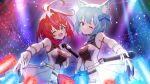  2girls akane_canna animal_ear_fluff animal_ear_piercing animal_ears antenna_hair ariel23795 blue_bow blue_bowtie blue_nails bow bowtie breasts cat_ears concert glowstick green_eyes hair_bow holding holding_microphone idol large_breasts microphone midriff multicolored_hair multiple_girls nanashi_inc. one_eye_closed purple_hair red_bow red_bowtie red_hair red_nails short_hair shorts showgirl_skirt smile souya_ichika streaked_hair two-tone_hair virtual_youtuber white_shorts 