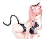  1girl absurdres alternate_costume animal_ears ass bell bent_over black_leotard breasts cat_ears cat_tail darling_in_the_franxx fake_animal_ears fake_tail green_eyes highres horns janload1ng jingle_bell large_breasts leotard long_hair looking_at_viewer neck_bell pink_hair red_horns simple_background solo tail white_background zero_two_(darling_in_the_franxx) 