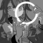  1girl commentary_request d.y.x. flipped_hair glowing_halo greyscale halo halo_removed hands_up high_collar holding_halo idolmaster idolmaster_shiny_colors jacket komiya_kaho letterman_jacket light long_hair long_sleeves looking_to_the_side monochrome no_mouth open_clothes open_jacket sideways_glance simple_background sketch smiley_face solo straight-on upper_body 