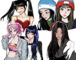  2girls aespa animification beanie blue_hair blue_headwear blue_jacket brown_eyes camisole collarbone giselle_(aespa) green_shirt grey_jacket hat highres jacket k-pop karina_(aespa) lipstick long_bangs looking_at_viewer looking_down makeup midriff multiple_girls multiple_views murenzi navel parted_bangs pink_hair pink_tube_top real_life red_camisole red_lips shirt smile spicy_(aespa) twintails 