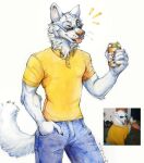  akatan_art anthro blep can canid cheek_tuft clothed clothing container facial_tuft front_view fur glistening glistening_eyes hand_in_pocket hi_res holding_can holding_container holding_object looking_at_viewer male mammal monotone_body monotone_fur neck_tuft one_eye_closed pockets reference_image shirt simple_background solo standing t-shirt tail tongue tongue_out topwear tuft white_background white_body white_fur white_tail wink yellow_clothing yellow_eyes yellow_shirt yellow_t-shirt yellow_topwear 