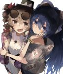  2girls absurdres blue_bow blue_hair bow brown_hair drill_hair eyewear_on_head from_above grey_shirt hand_on_another&#039;s_face hat highres jewelry liangming_toho long_hair looking_at_viewer mini_hat mini_top_hat multiple_girls necklace open_clothes shirt top_hat touhou twin_drills white_background white_shirt yorigami_jo&#039;on yorigami_shion yuri 