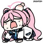  1girl all_fours animated animated_gif artist_name blue_archive blue_necktie chibi closed_eyes crying fang halo head_bump jacket koyuki_(blue_archive) long_hair long_sleeves lowres necktie pink_hair seseren solo tears transparent_background twintails white_jacket 