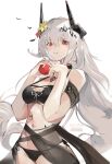  1girl absurdres apple arknights armlet artist_name bare_shoulders bikini black_bikini black_choker black_ribbon breasts choker cleavage cmdr_saturn cowboy_shot flower food food_on_face fruit grey_hair hair_flower hair_ornament highres holding holding_food holding_fruit horns jewelry long_hair looking_at_viewer medium_breasts mudrock_(arknights) mudrock_(silent_night)_(arknights) navel necklace official_alternate_costume oripathy_lesion_(arknights) petals red_eyes ribbon see-through side-tie_bikini_bottom simple_background smile solo swimsuit very_long_hair white_background yellow_flower 