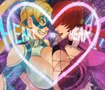  2girls alex_ahad blonde_hair breast_press breasts capcom cleavage clothing_cutout crossover elbow_cutout grin hair_over_eyes heart laces large_breasts lips mask multiple_girls rainbow_mika red_hair shermie_(kof) shoulder_cutout smile snk street_fighter street_fighter_v symmetrical_docking the_king_of_fighters the_king_of_fighters_xv upper_body wrestling_mask wrestling_outfit 