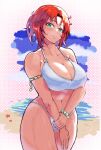  1girl absurdres adapted_costume bead_bracelet beads bikini boudica_(fate) bracelet breasts cowboy_shot fate/grand_order fate_(series) green_eyes highres jewelry large_breasts navel o-ring o-ring_bikini o-ring_top red_hair short_hair short_ponytail smile solo standing swimsuit white_bikini zumizu 