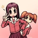  2girls azumanga_daioh azumanga_daioh&#039;s_school_uniform black_eyes black_hair brown_eyes brown_hair chibi commentary english_commentary gradient_background hand_on_own_hip highres kasuga_ayumu leaning_to_the_side looking_at_another looking_at_viewer medium_hair mihama_chiyo multiple_girls open_mouth pink_background rroketas sailor_collar school_uniform simple_background star_(symbol) twintails twitter_username v white_background white_sailor_collar 