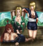  3girls bare_shoulders blonde_hair blue_eyes blunt_bangs closed_mouth crossed_legs dark_red_hair facial_mark fishnets green_eyes hair_over_one_eye long_hair looking_at_viewer multiple_girls naruto naruto_(series) naruto_shippuuden omaehasaigoni one_eye_covered samui_(naruto) short_hair sitting smile terumi_mei topknot tsunade_(naruto) 