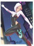  1girl absurdres accidart bad_source blonde_hair blurry blurry_background bodysuit breasts gwen_stacy highres hood marvel short_hair smile solo spider-gwen spider-man:_into_the_spider-verse spider-man_(series) spider-verse twitter_username 