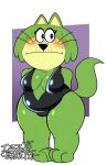  2022 absurd_res anthro bodily_fluids breasts cleavage clothed clothing domestic_cat felid feline felis female full-length_portrait green_body hanna-barbera hi_res jellystone_(hbo_max) mammal one-piece_swimsuit portrait saucepit_(artist) solo spook_(top_cat) standing sweat swimwear top_cat_(series) whiskers 