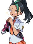  1girl :d black_bag black_hair blush breast_pocket collared_shirt commentary_request eyelashes freckles gloves green_hair hands_up highres hyou_(hyouga617) multicolored_hair necktie nemona_(pokemon) open_mouth orange_eyes orange_necktie orange_shorts own_hands_together pocket pokemon pokemon_(game) pokemon_sv ponytail shirt short_sleeves shorts single_glove smile solo sparkle teeth tongue two-tone_hair upper_teeth_only white_shirt 