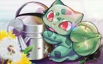  animal_focus blurry blurry_foreground bright_pupils bulbasaur claws dandelion dandelion_seed fang fav_27 flower no_humans nostrils open_mouth outdoors pokemon pokemon_(creature) red_eyes sidelighting sitting solo sprout watering_can white_pupils 