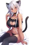  1girl absurdres animal_ears artist_name bell black_bra black_nails black_panties black_thighhighs blush bra breasts cat_cutout cat_ears cat_tail cleavage clothing_cutout dark-skinned_female dark_skin dated fingernails grey_hair hair_between_eyes highres jewelry jingle_bell kantai_collection large_breasts long_hair mashiro_yukiya musashi_(kancolle) nail_polish open_mouth panties red_eyes ring signature solo tail thighhighs underwear wedding_ring 