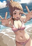  1girl armpits bare_shoulders beach belly bikini blush boku_no_hero_academia breasts brown_eyes brown_hair cleavage cloud collarbone groin highres large_breasts looking_at_viewer midriff navel ocean open_mouth pink_bikini ponytail sand sky solo sun swimsuit uraraka_ochako water zd_(pixiv6210083) 