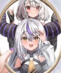  2girls absurdres ahoge ascot bare_shoulders black_gloves black_hair black_horns braid braided_bangs closed_mouth detached_sleeves fingerless_gloves gloves grey_hair hair_ornament highres hololive horns la+_darknesss la+_darknesss_(1st_costume) long_hair looking_at_mirror looking_at_viewer mirror multicolored_hair multiple_girls open_mouth pointy_ears purple_hair purple_nails red_eyes sakamata_chloe short_hair smile streaked_hair una_hirag x_hair_ornament yellow_eyes 