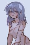  1girl absurdres animal_ears collarbone dog_ears employee_(lobotomy_corporation) grey_background highres lobotomy_corporation long_hair looking_at_viewer moth_ram no_nipples nude parted_lips project_moon purple_hair scar scar_on_arm scar_on_face scar_on_stomach simple_background solo 