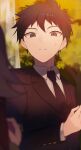  1boy 1girl black_jacket black_necktie blurry blurry_foreground brown_eyes brown_hair collared_shirt danganronpa_(series) danganronpa_3_(anime) day flipped_hair formal hand_up highres hinata_hajime jacket kuroto_(cfdg3537) long_sleeves nanami_chiaki necktie outdoors parted_lips shirt short_hair solo_focus teeth tree white_shirt 