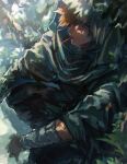  1boy bandages cigarette cloak fate/grand_order fate_(series) gloves green_cloak hair_over_one_eye highres hood in_tree jhm_xyz looking_at_viewer male_focus orange_hair robin_hood_(fate) short_hair signature sitting sitting_in_tree smoking solo squatting tree 