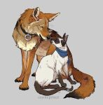  2016 ambiguous_gender blue_eyes canid canine canis cheek_tuft chest_tuft claws collar collar_only colored coyote coyoteprince cuff_(restraint) digital_drawing_(artwork) digital_media_(artwork) digitigrade dipstick_tail domestic_cat duo eyes_closed facial_tuft felid feline felis feral hi_res inner_ear_fluff kojote leg_markings mammal markings meezer mostly_nude neck_tuft nose_to_nose nude prick_ears restraints scarf scarf_only siamese signature simple_background sitting socks_(marking) tail tail_cuff tail_markings toe_claws tuft whiskers 