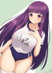  1girl absurdres blue_buruma blunt_bangs blush breasts buruma fern_(sousou_no_frieren) guriguri_(arayotto4351) gym_uniform highres large_breasts long_hair looking_at_viewer purple_eyes purple_hair shirt short_sleeves solo sousou_no_frieren thighs white_shirt 