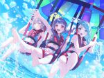  3girls :d air_bubble aqua_eyes aqua_hair arm_up bang_dream! barefoot bikini bubble cloud cloudy_sky dutch_angle floating_hair grey_hair hair_ornament hairclip hikawa_sayo long_hair low_ponytail minato_yukina multiple_girls ocean official_art open_mouth print_bikini purple_hair red_eyes sitting sky smile swimsuit swing swing_set swinging third-party_source twintails udagawa_ako umbrella water waving wind 