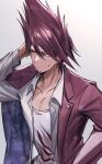  1boy absurdres bojue_(hakus_1128) collarbone danganronpa_(series) danganronpa_v3:_killing_harmony facial_hair frown goatee grey_background grey_shirt hand_in_own_hair highres jacket long_hair long_sleeves male_focus momota_kaito open_clothes open_jacket open_shirt pink_jacket print_shirt shirt simple_background solo spiked_hair sweatdrop upper_body white_shirt 