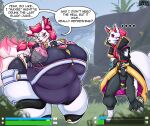  absurd_res anthro belly big_breasts blonde_hair blush breasts canid canine clothing dialogue drokmars duo female female/female forest fox fur gameplay_mechanics hair hi_res huge_belly huge_breasts huge_thighs jiggling jungle looking_at_another mammal morbidly_obese multi_tail obese overweight overweight_female pink_eyes pink_hair plant purple_sclera scar size_difference speech_bubble tail thick_thighs tight_clothing torn_clothing tree white_body white_fur wounded 