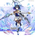  1girl armor black_hair blue_eyes blue_hair breasts crossover earrings full_body hair_intakes hair_ornament holding holding_weapon hololive hololive_english jewelry large_breasts looking_at_viewer official_alternate_costume official_art ouro_kronii short_hair solo valkyrie_connect virtual_youtuber weapon 