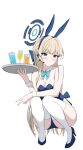  1girl absurdres animal_ears bare_shoulders blonde_hair blue_archive blue_eyes blue_leotard blush braid breasts cleavage cup drinking_glass fake_animal_ears full_body halo hand_up headset higasino3ldk high_heels highres holding holding_tray knees_to_chest knees_together_feet_apart leotard looking_at_viewer medium_breasts microphone rabbit_ears solo squatting thighhighs toki_(blue_archive) toki_(bunny)_(blue_archive) tray v wrist_cuffs 